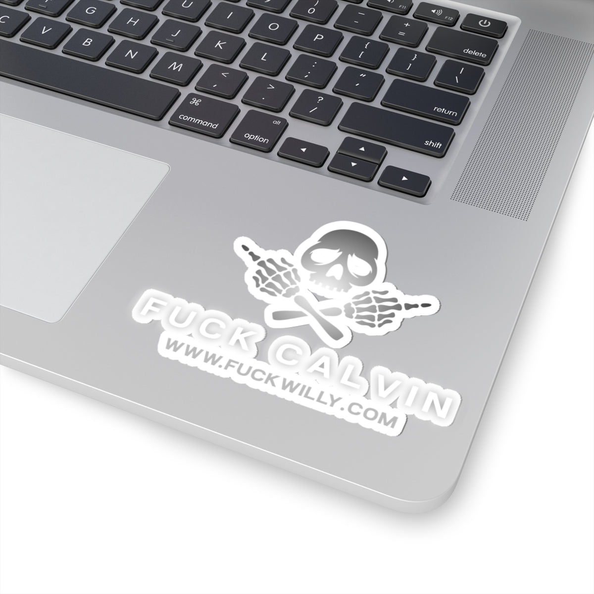 Offensive Skull Sticker — "Fuck Calvin" Kiss-Cut Vinyl Sticker